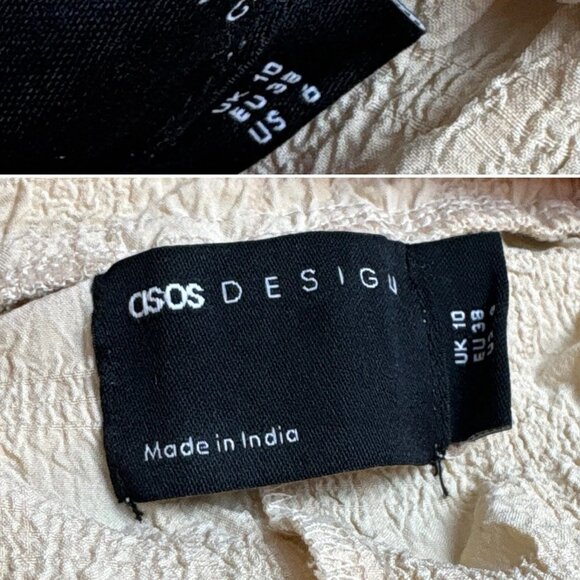 ASOS Seersucker Textured Ruffle Stretch Wide Leg Cocktail Jumpsuit Beige Size 6 - Picture 8 of 10